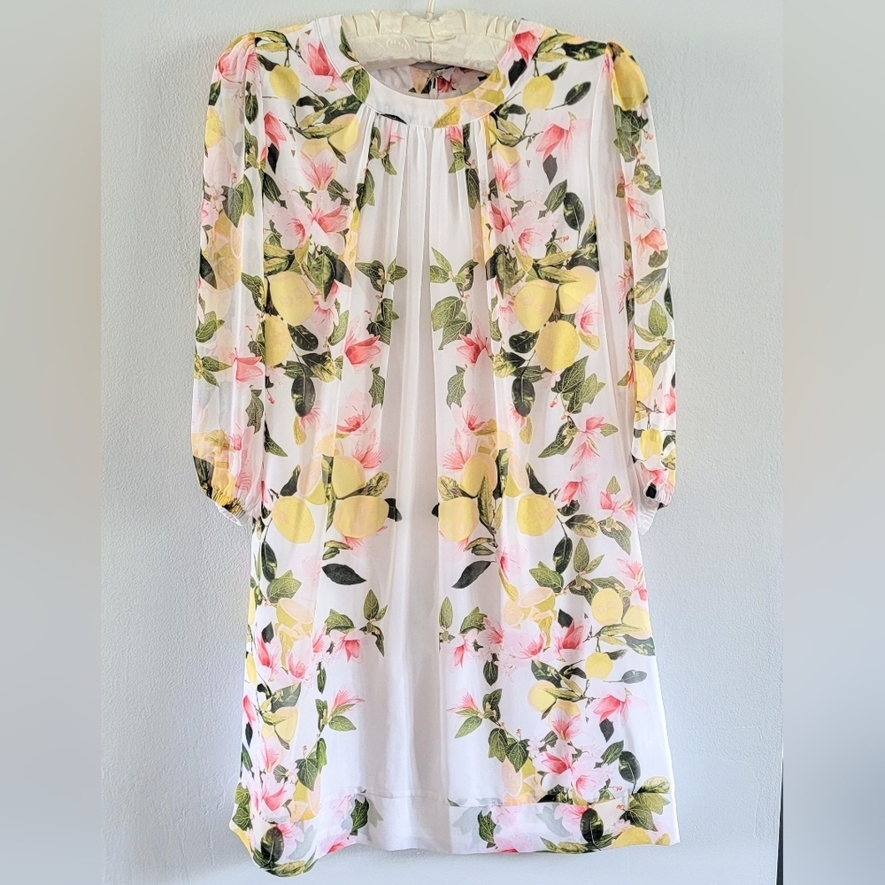 S NY&Co Eva Mendes Lemon Floral Graphic Print Shift Semi Sheer Spring Summer - Picture 2 of 6